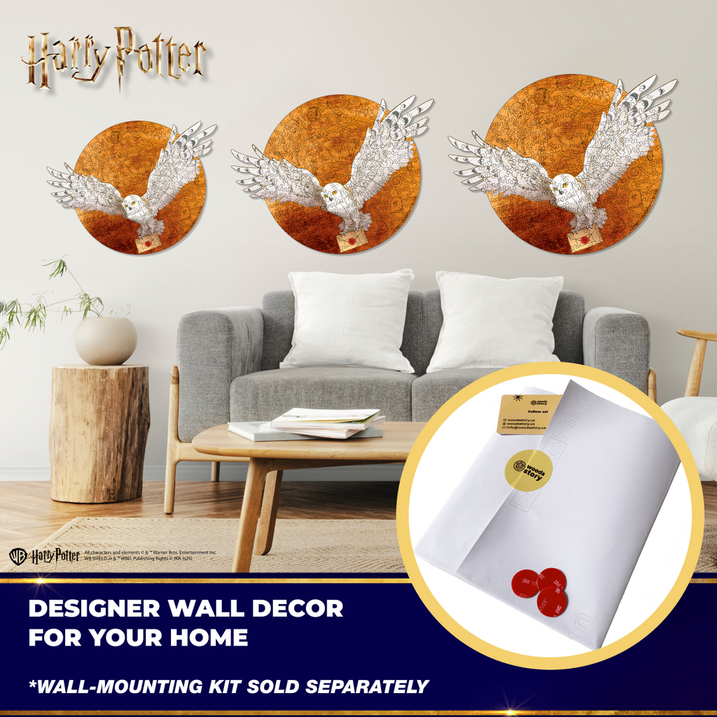 Three circular wall decorations with owls on a wall above a gray sofa, with 'Harry Potter' branding.