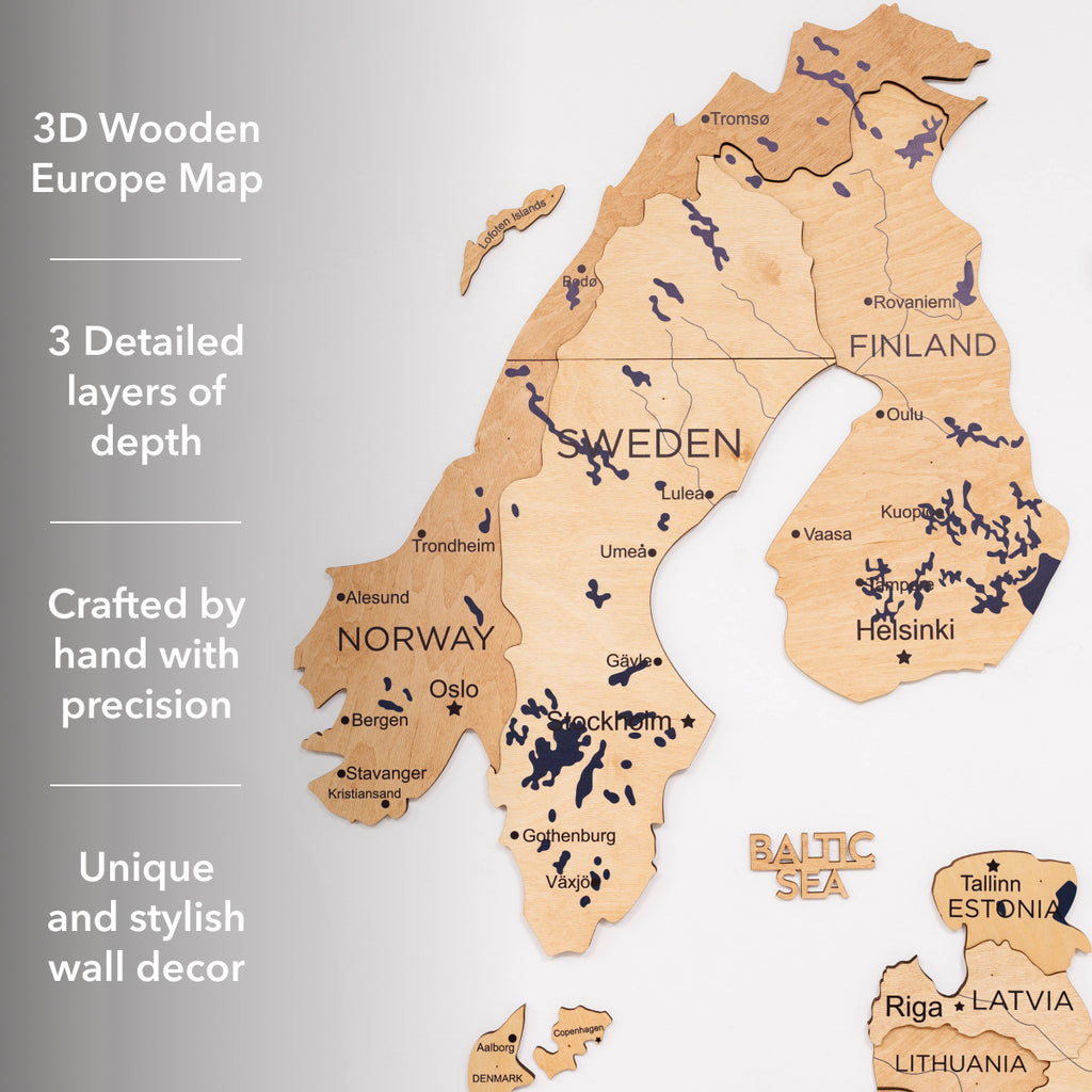 3D Europe Wooden Map Gold