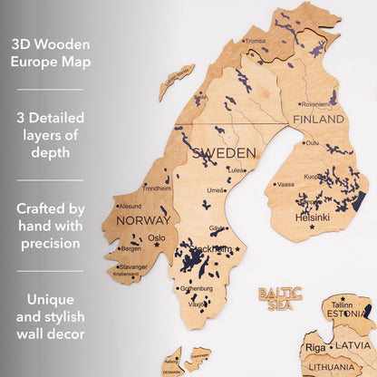 3D Europe Wooden Map Gold