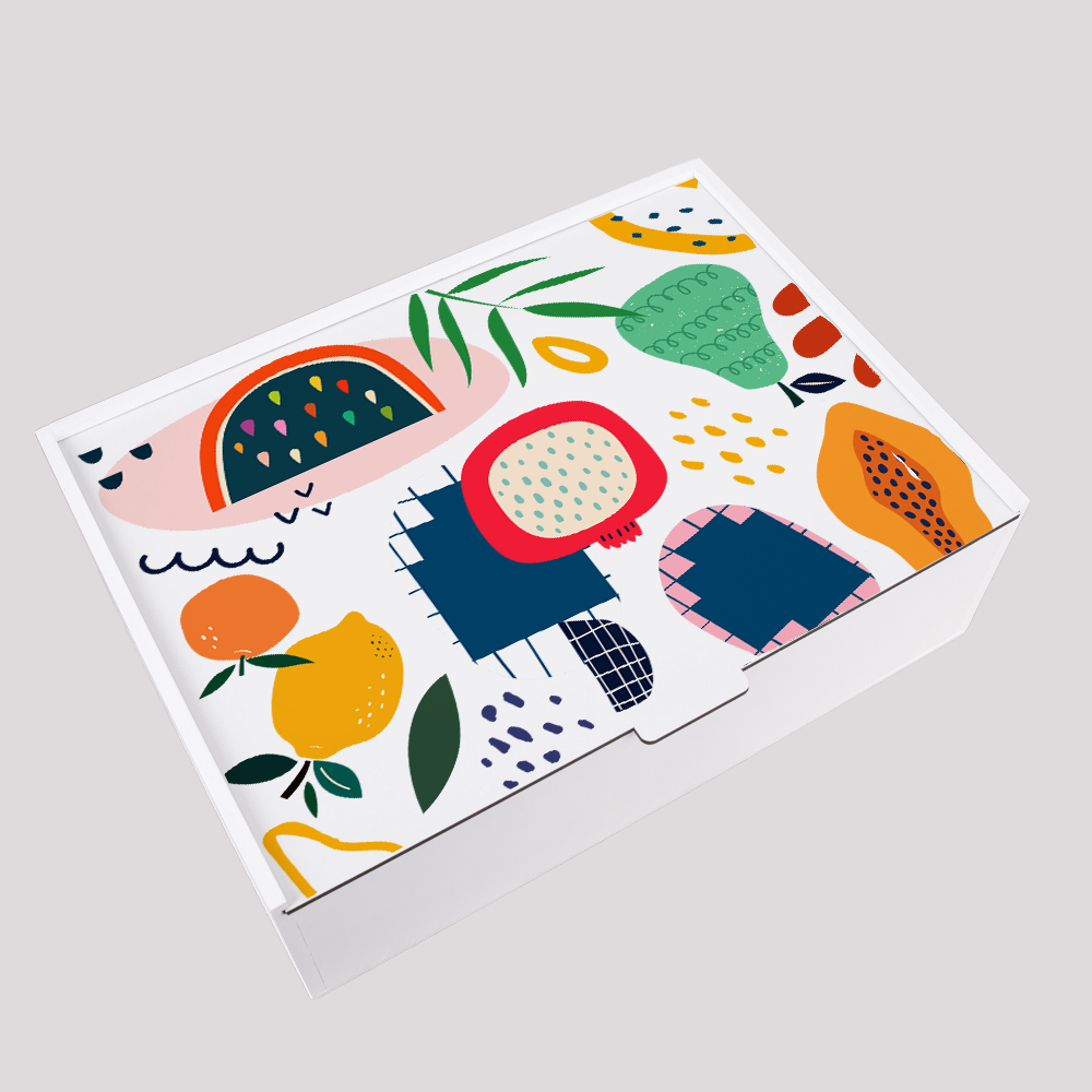 Rectangular food gift box with a black and white fruit and vegetable illustration on the lid.
