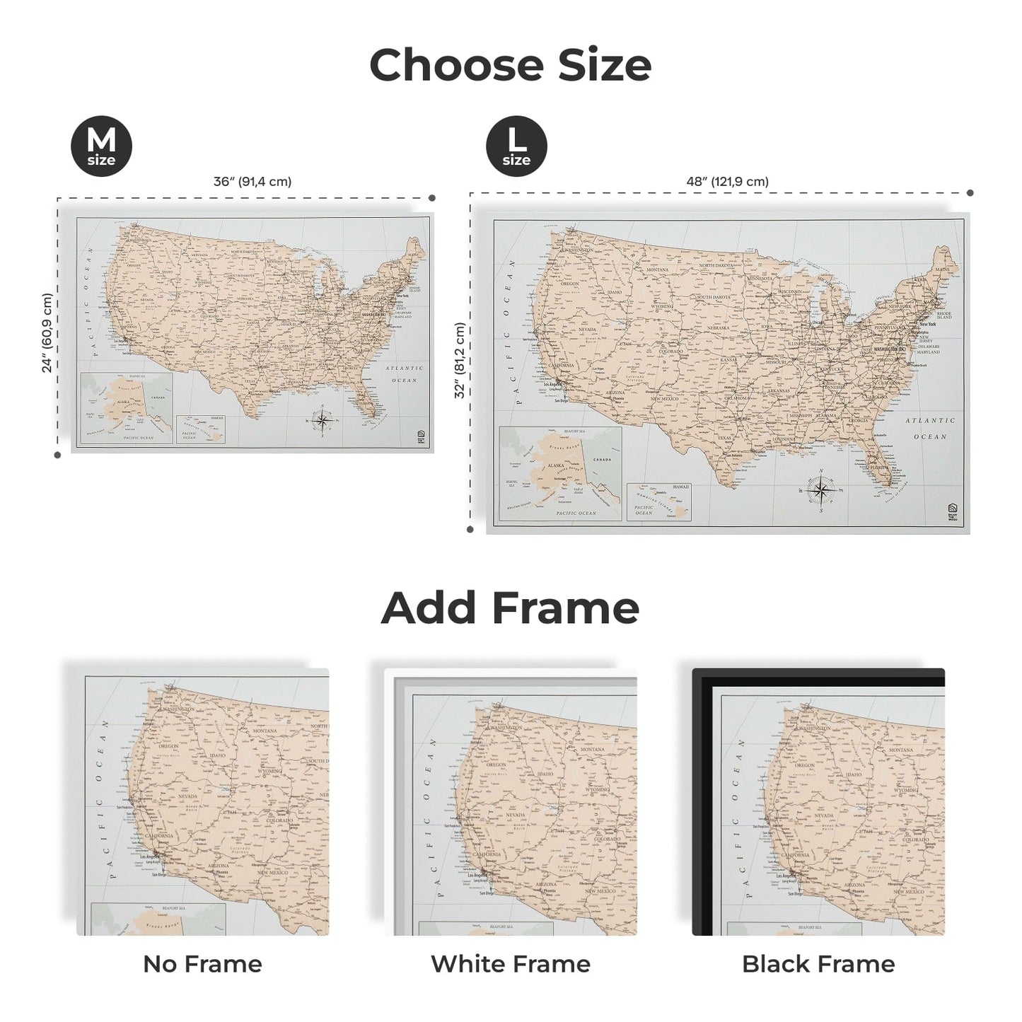 US map with size options and frame choices displayed.