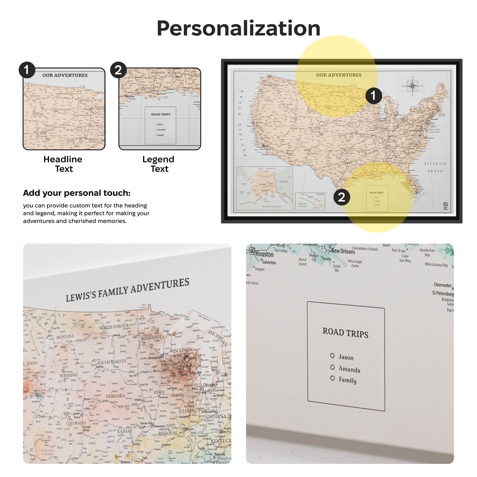 Personalizable map of the United States with customizable text options.
