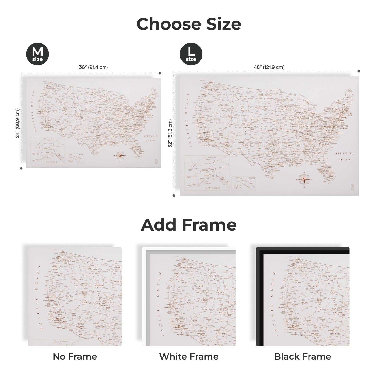 World map posters with size options and frame choices on a white background