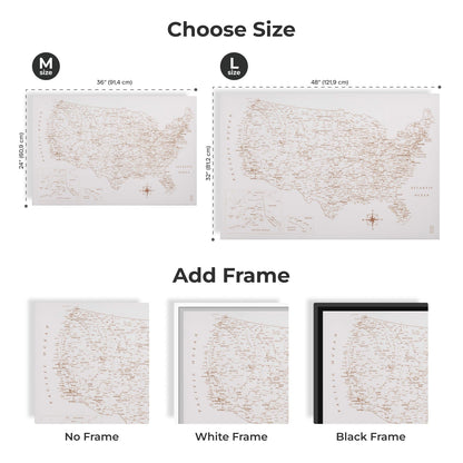 World map posters with size options and frame choices on a white background