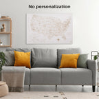 Gray sofa with yellow and gray cushions in a living room setting, featuring a world map on the wall.