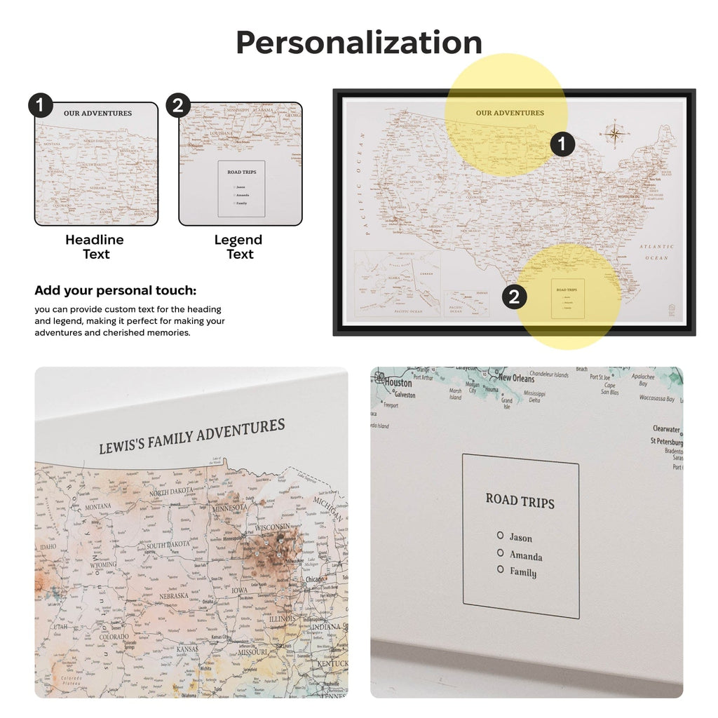 Personalization options for a map-themed product with text fields and examples.