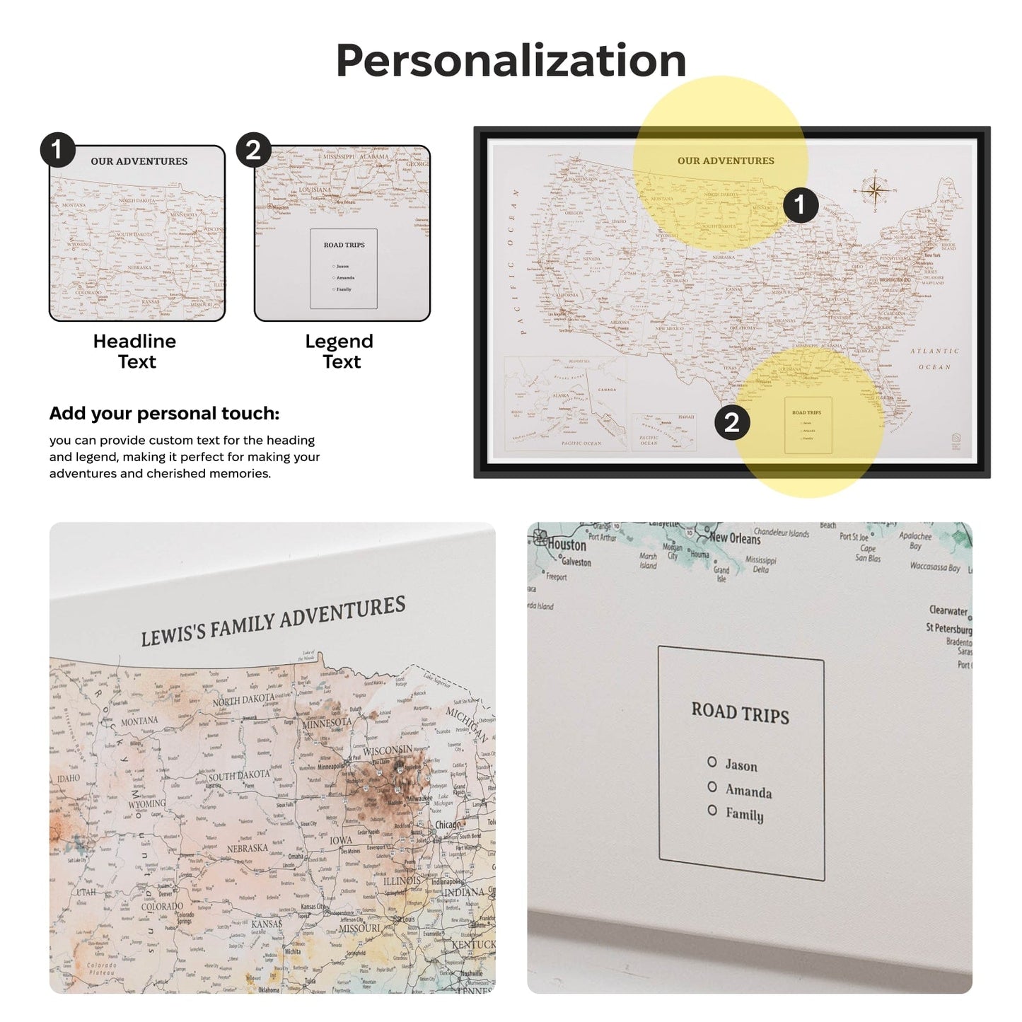 Personalization options for a map-themed product with text fields and examples.
