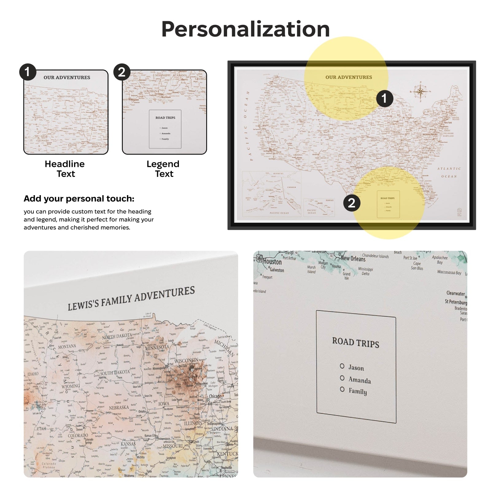 Personalization options for a map-themed product with text fields and examples.