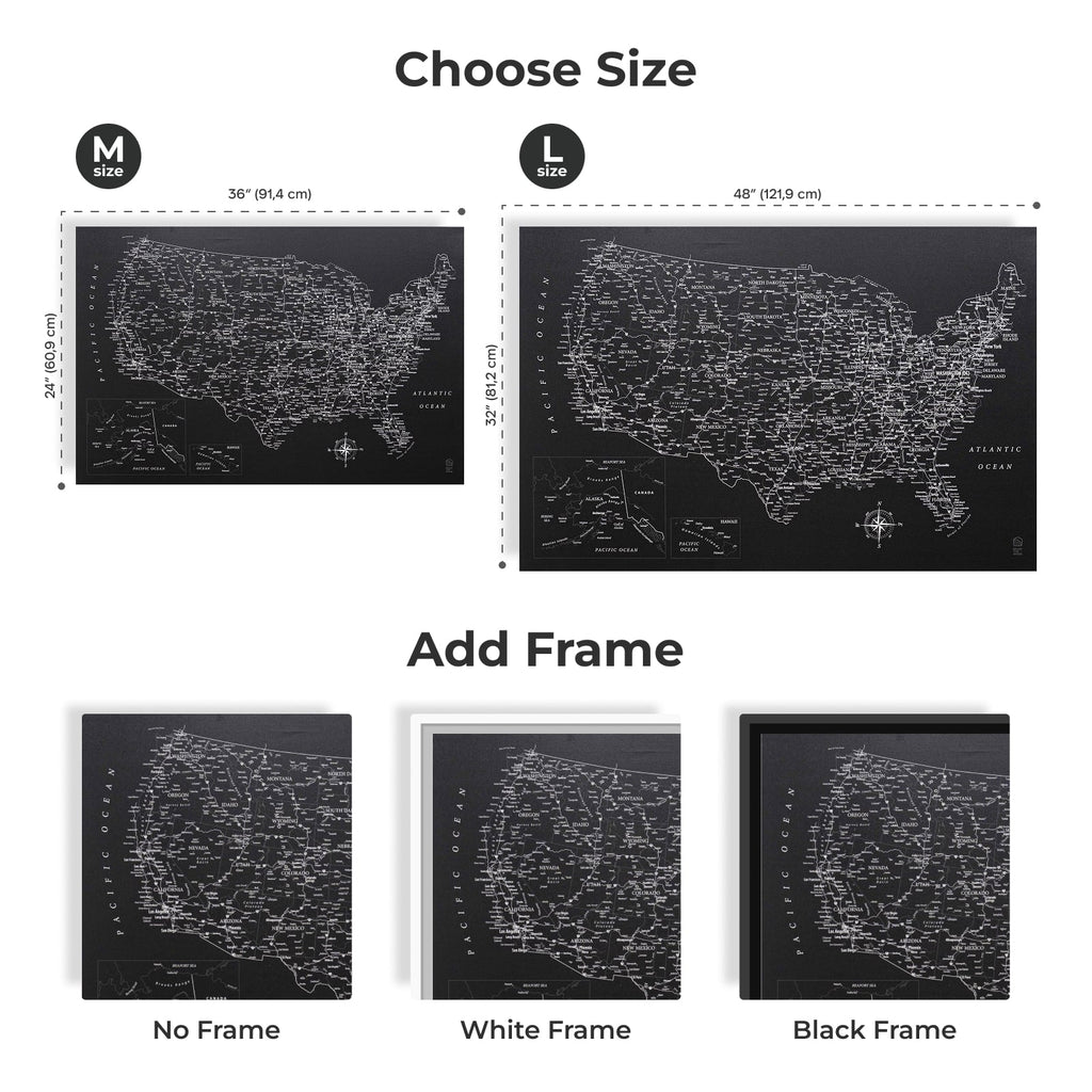 US map with size options and frame color choices on a white background