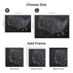 US map with size options and frame color choices on a white background