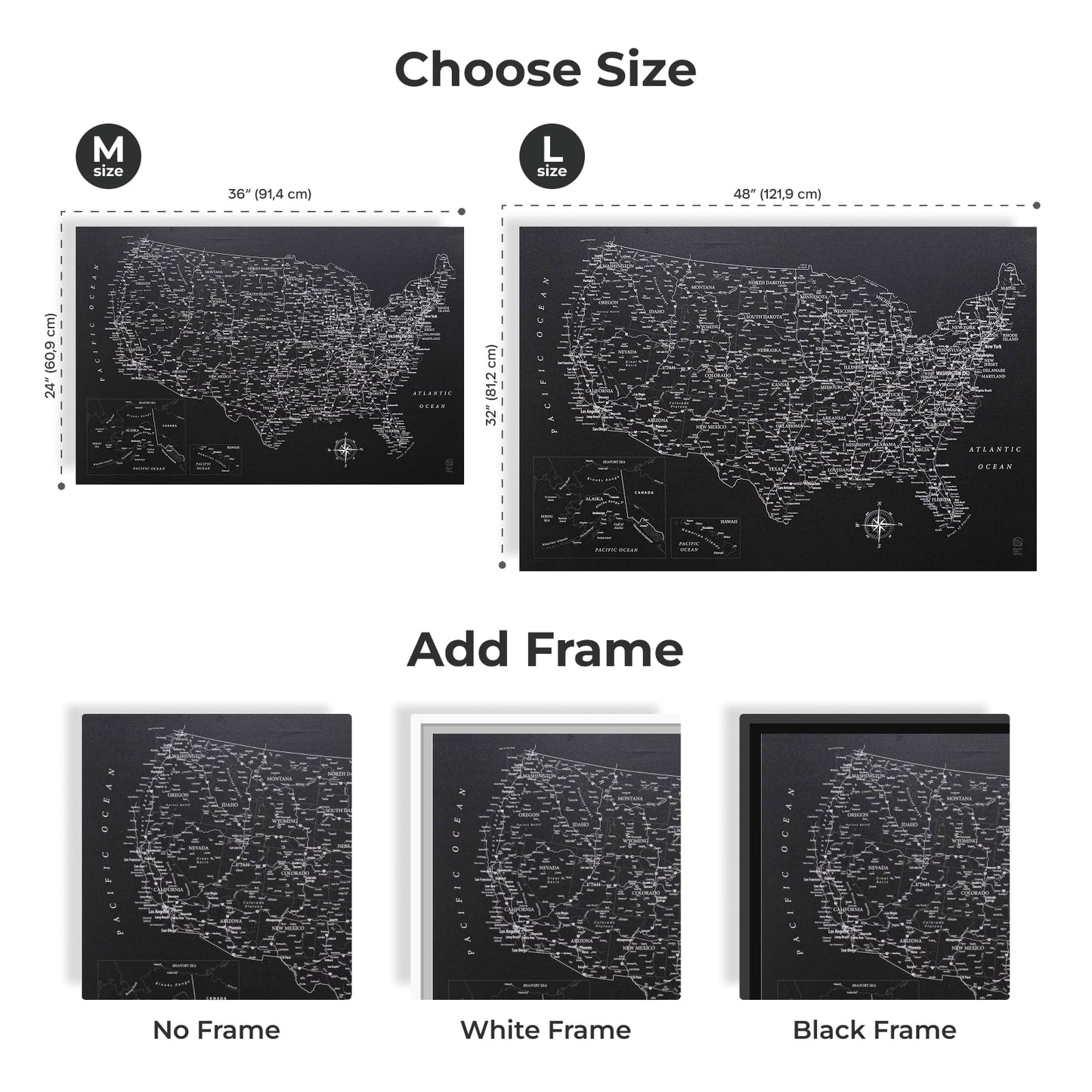 US map with size options and frame color choices on a white background