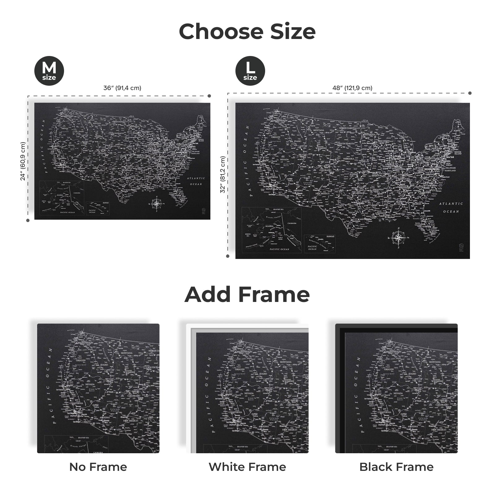 US map with size options and frame color choices on a white background