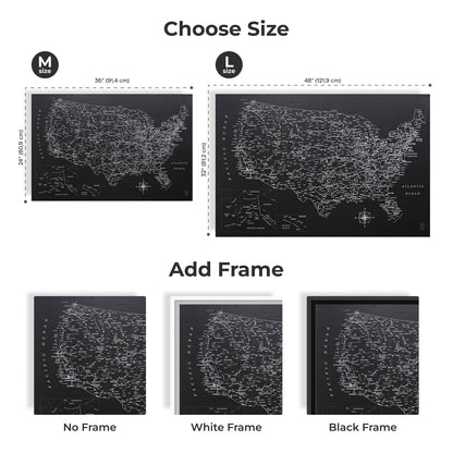 US map with size options and frame color choices on a white background