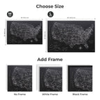 US map with size options and frame color choices on a white background