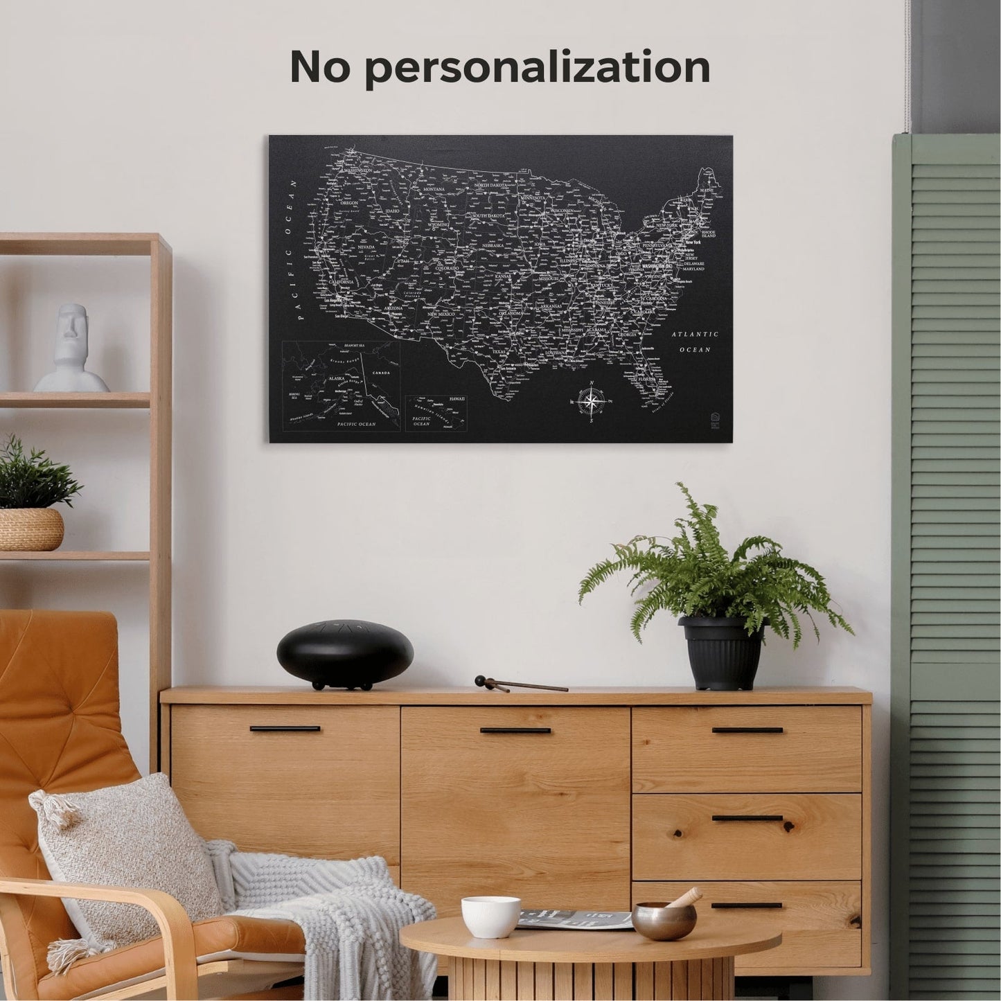 Map of the United States on a wall above a wooden cabinet in a room with a chair and plants.