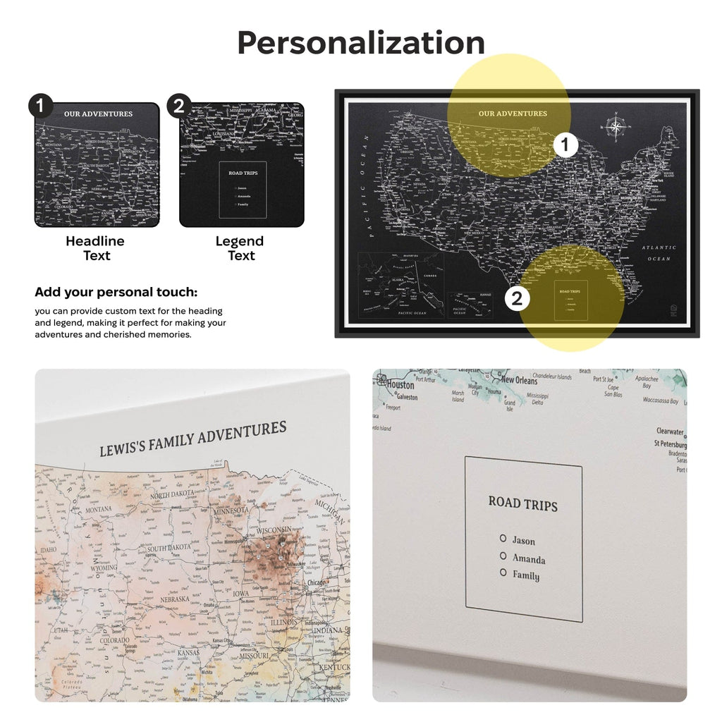 Collage of personalized map designs with text customization options.