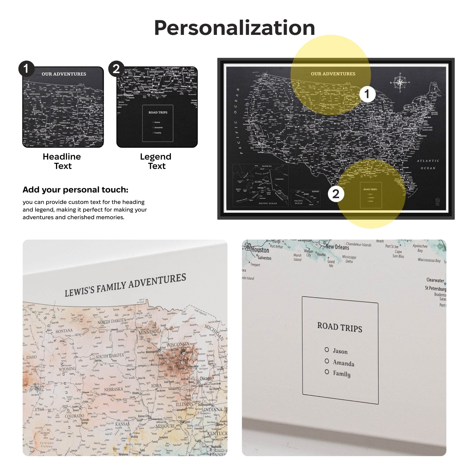 Collage of personalized map designs with text customization options.