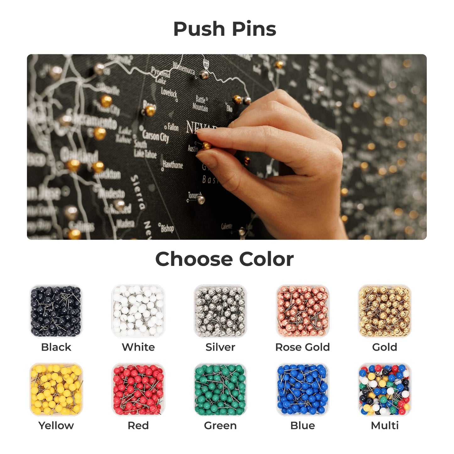 Push pins with color options displayed below on a map background