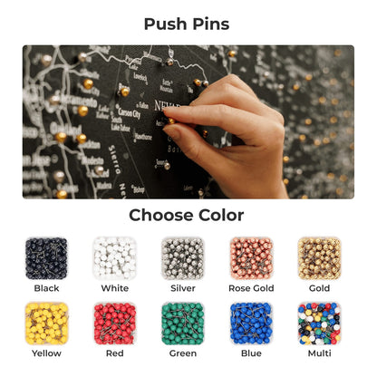 Push pins with color options displayed below on a map background