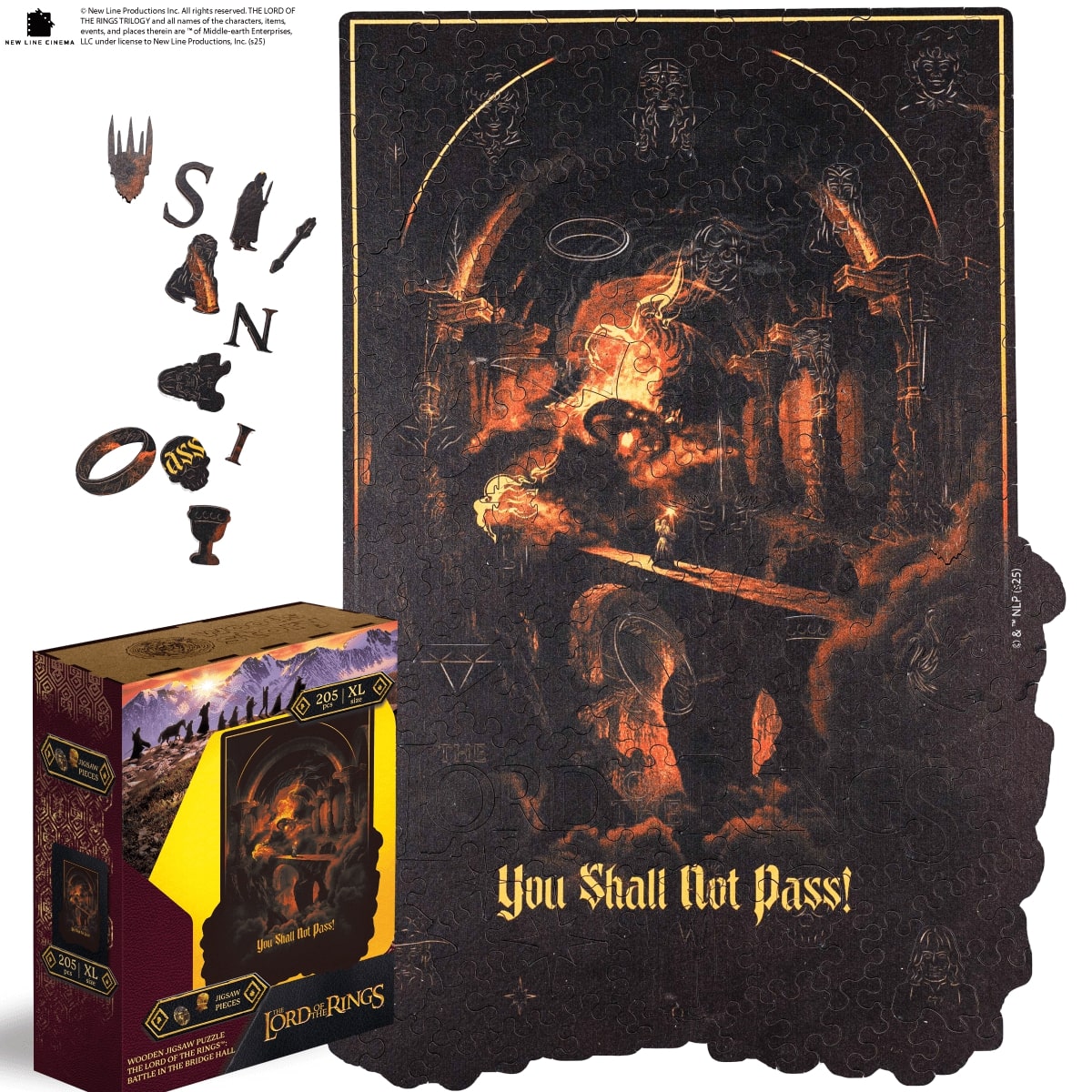 Darkly themed product packaging with 'You Shall Not Pass!' text and small figurines on a white background.