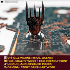 Wooden puzzle piece with detailed design on a blurred background