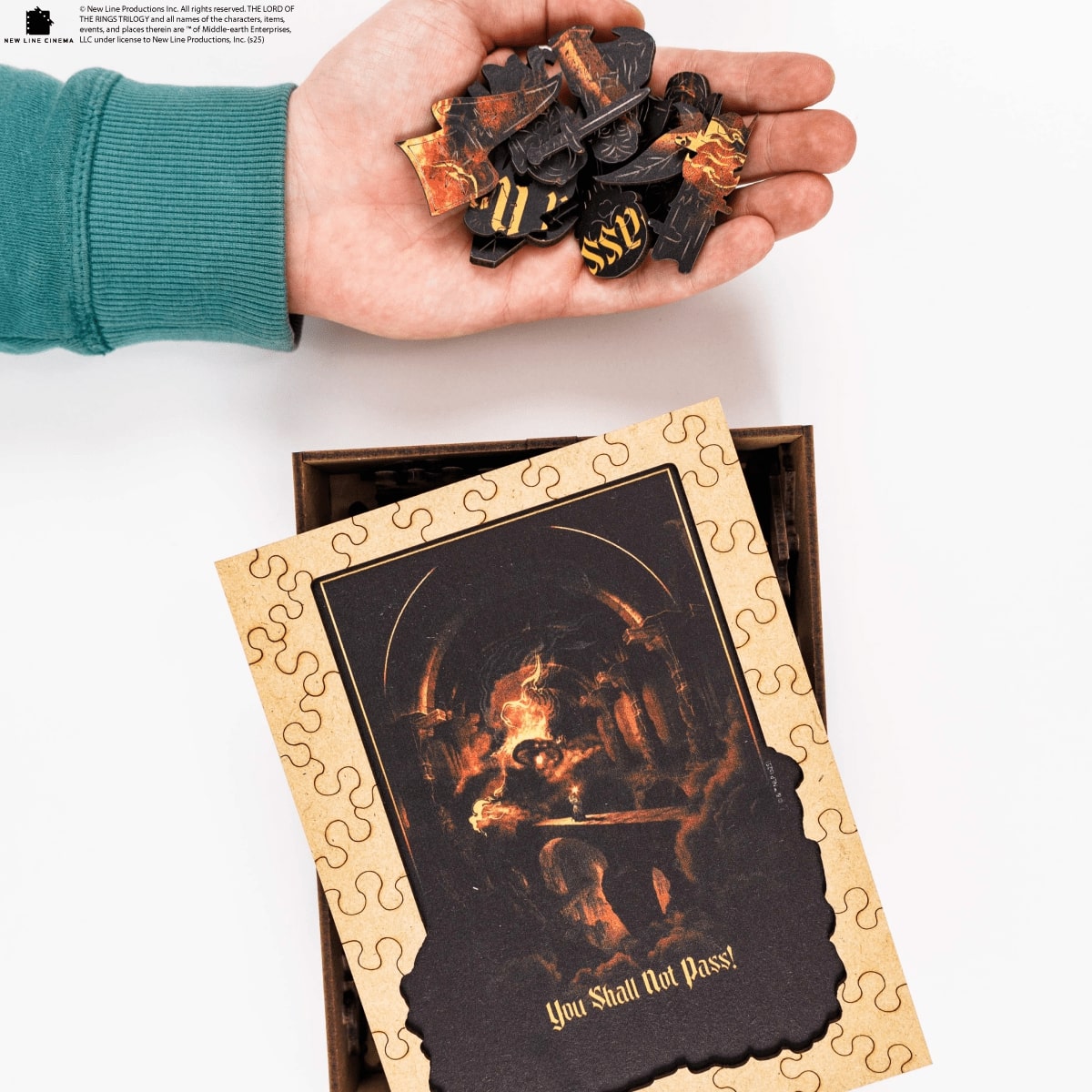 Hand holding puzzle pieces with a completed puzzle showing 'You Shall Not Pass!' text on a white background.