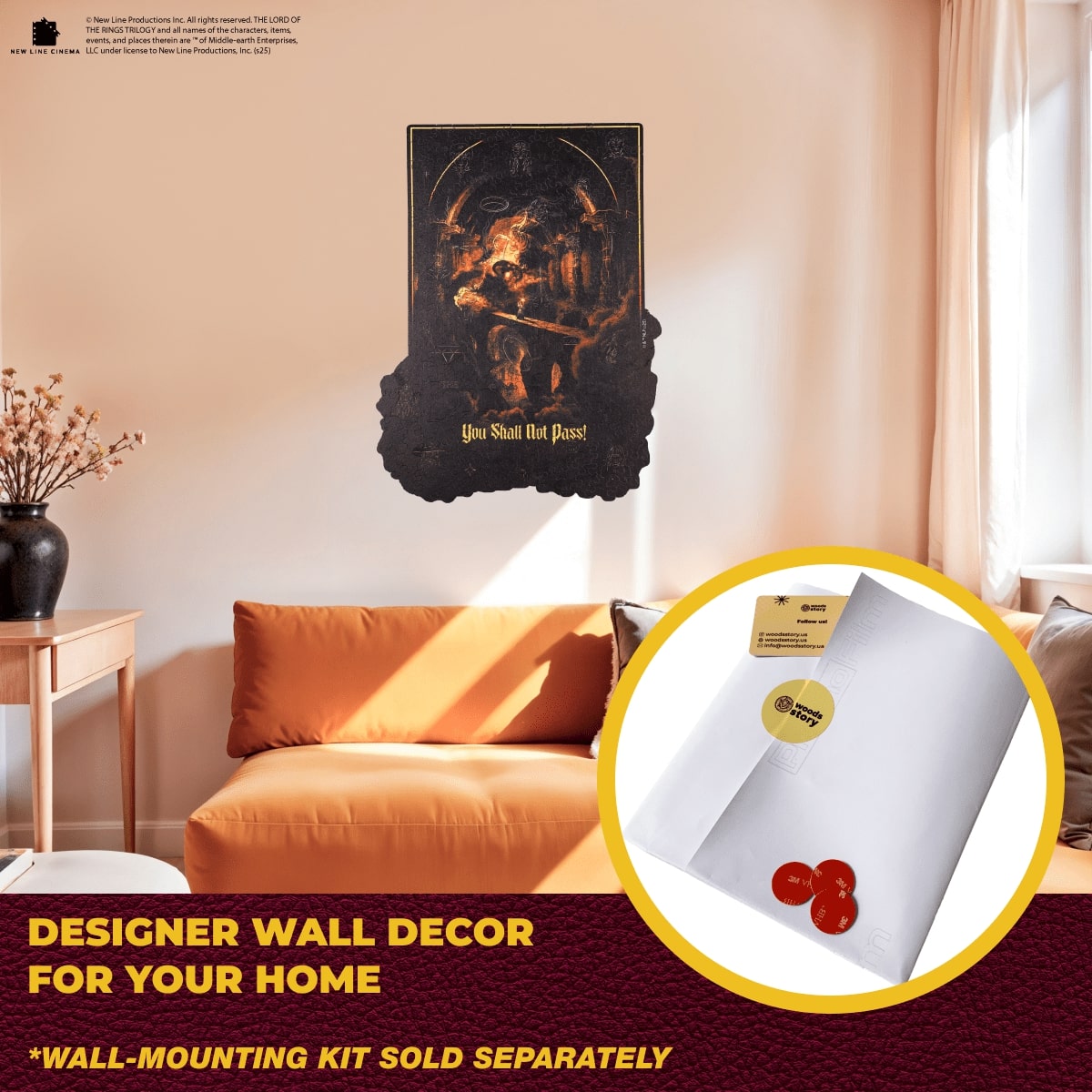 Living room with wall decor and a close-up of a wall-mounting kit