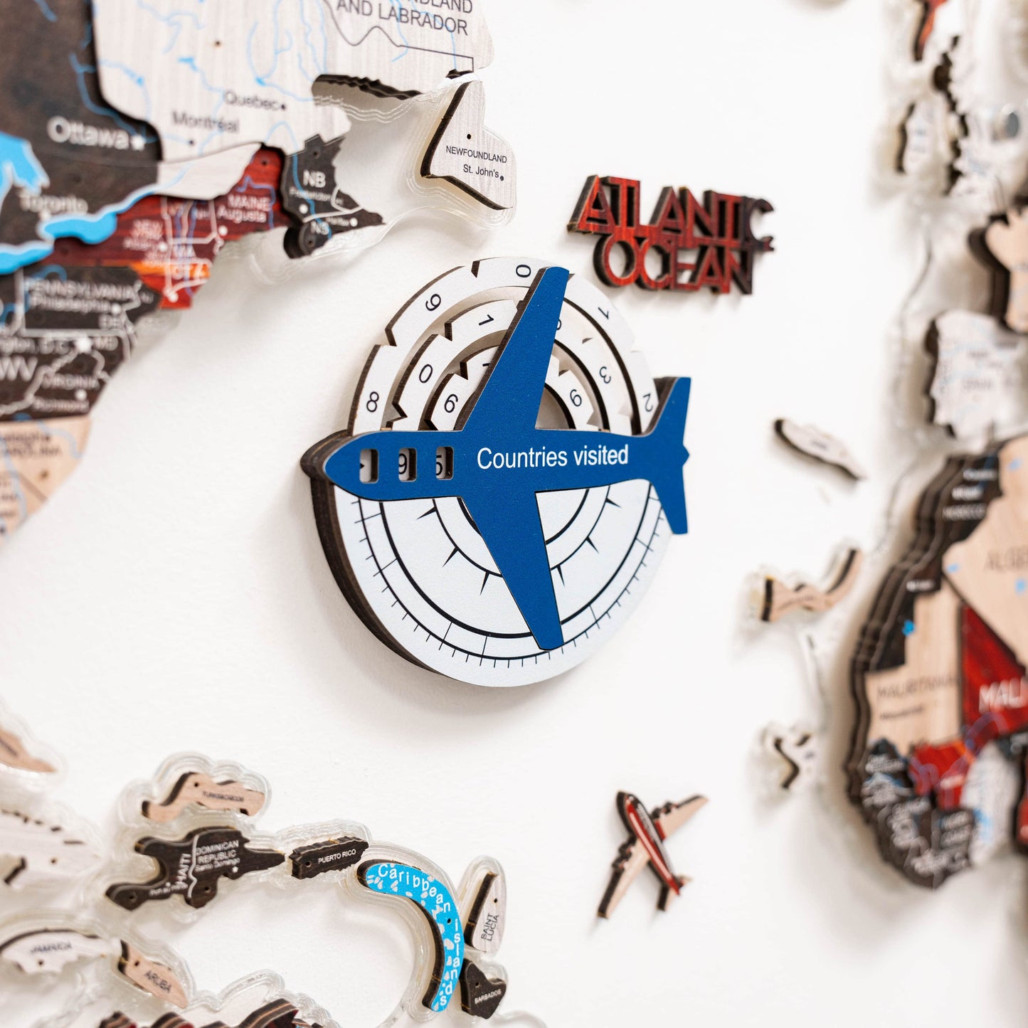 Travel Tracker 3D Colored Wooden World Map – Aqua