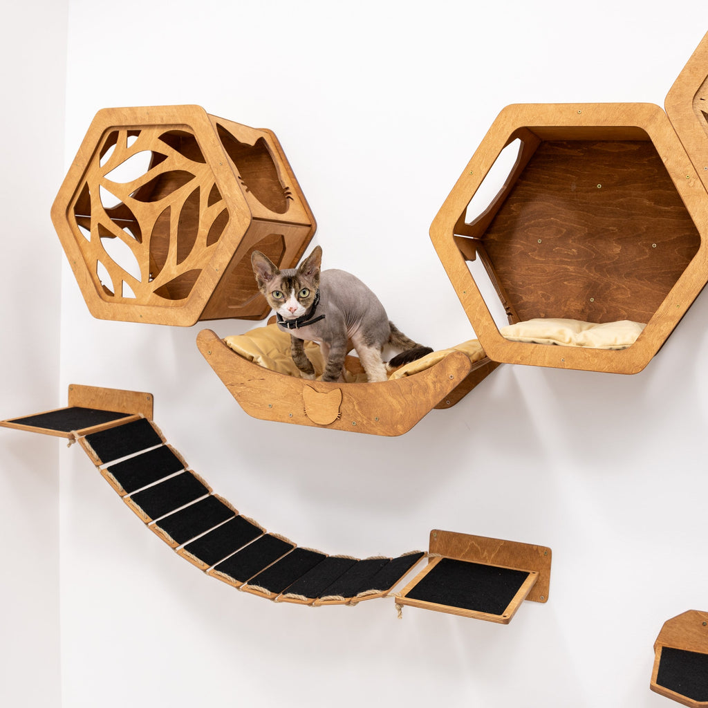 Wall Hexagon Cat House Set 2 Felt +bridge + Basket for Cats