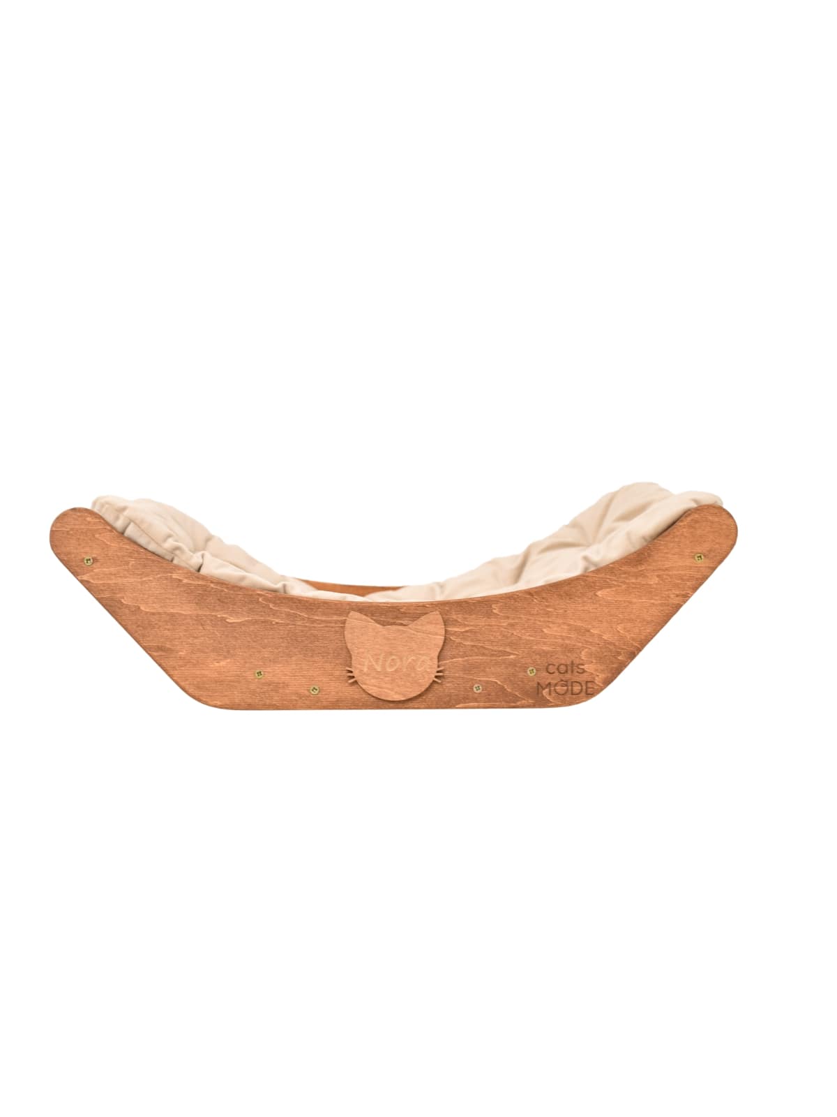 personalized floating cat shelf in oak color with sleeping cat pillow