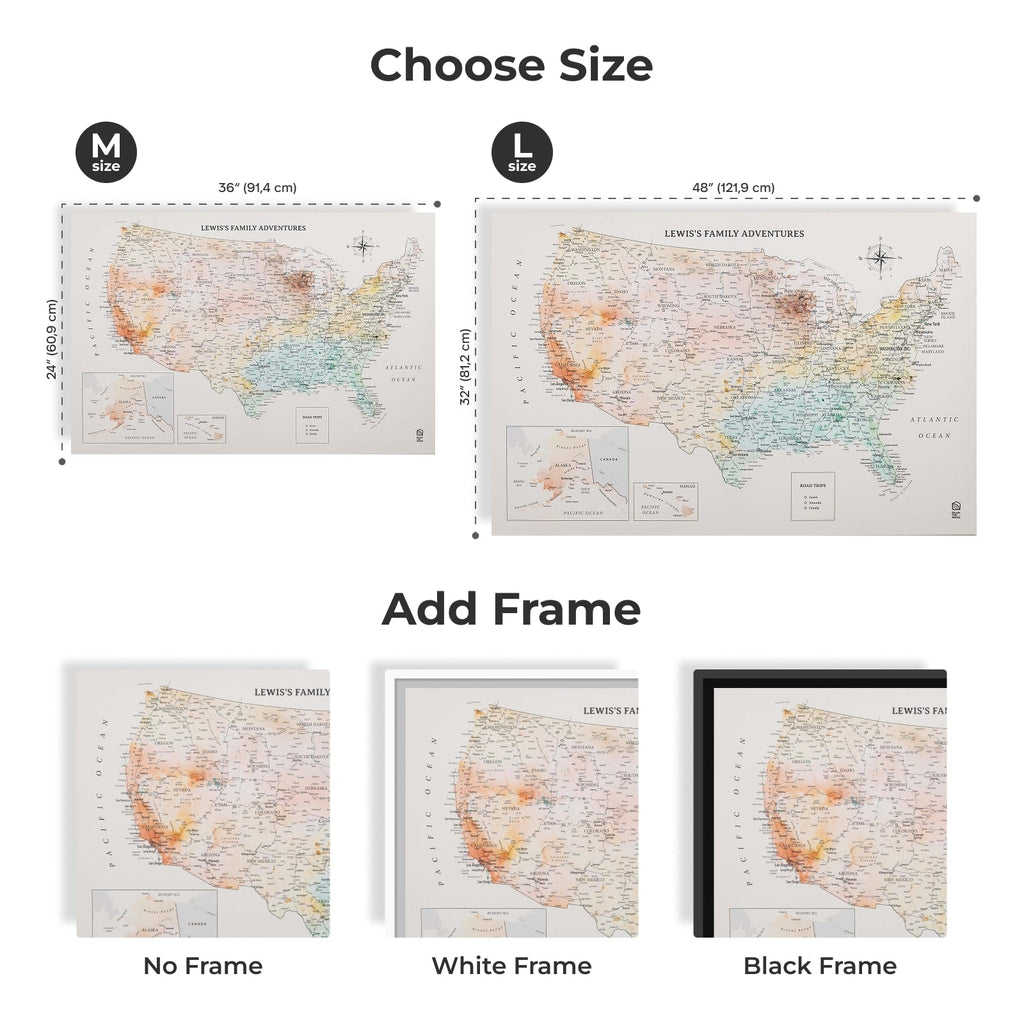 Map of the world with size options and frame choices displayed.