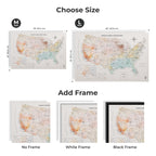 Map of the world with size options and frame choices displayed.