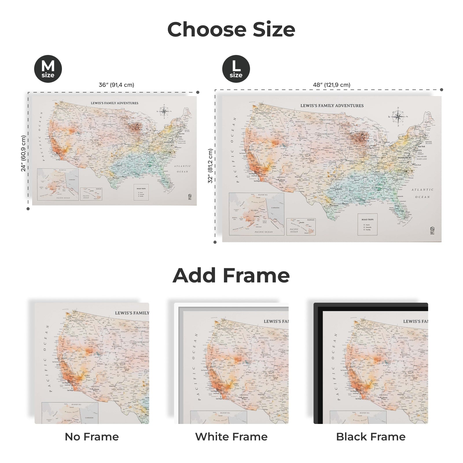 Map of the world with size options and frame choices displayed.