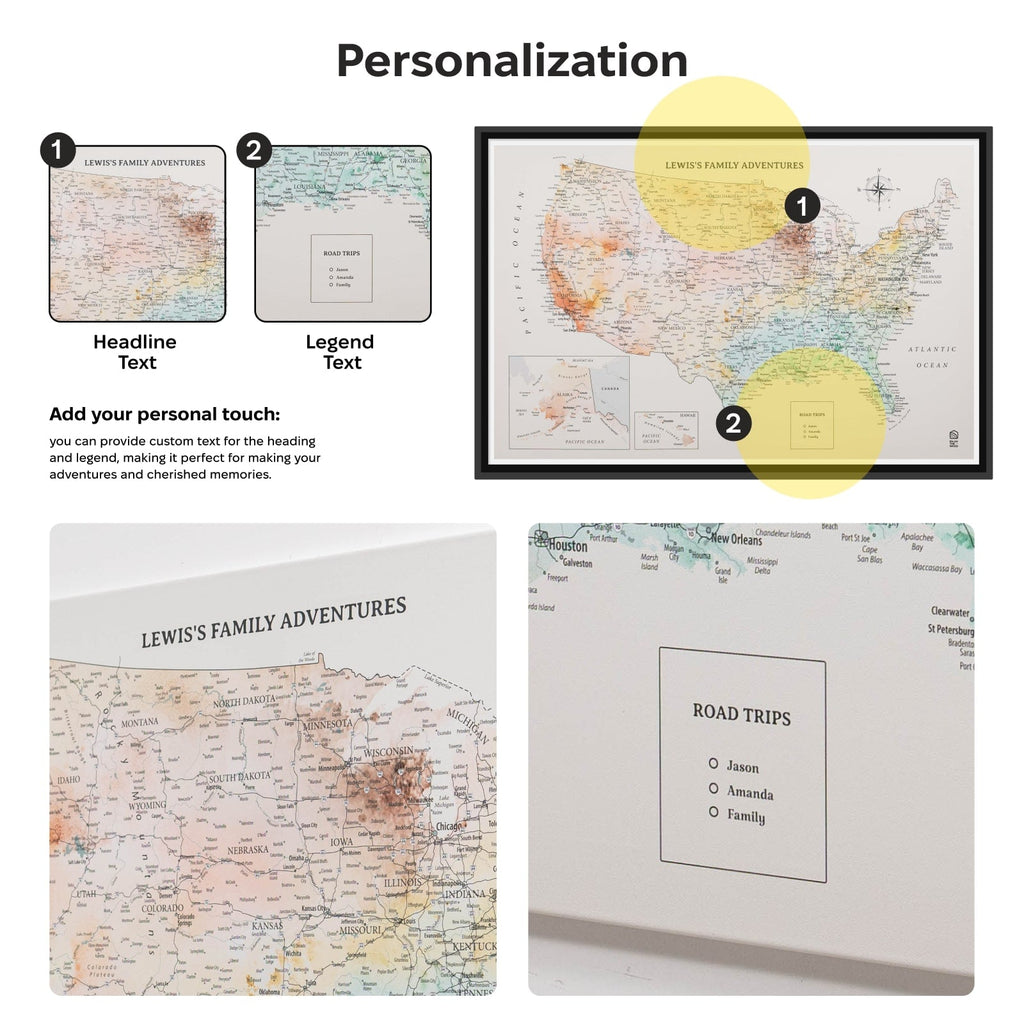 Personalizable map with customizable text options on a white background