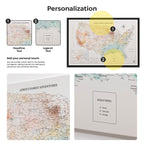 Personalizable map with customizable text options on a white background