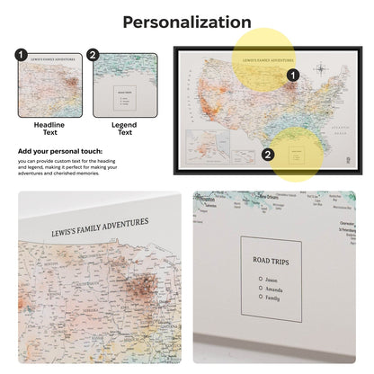Personalizable map with customizable text options on a white background