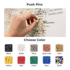 Push pins with color options displayed on a map background