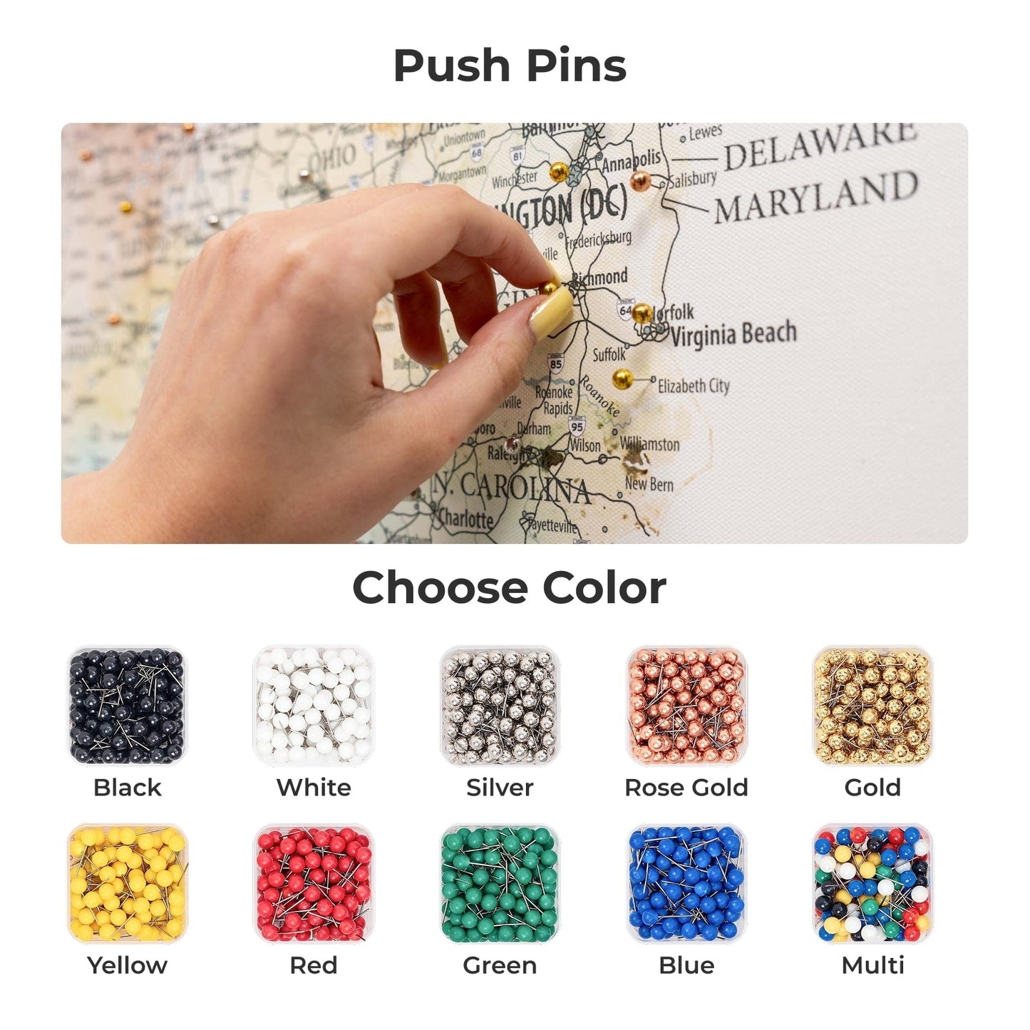 Push pins with color options displayed on a map background