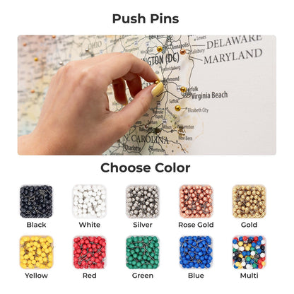 Push pins with color options displayed on a map background