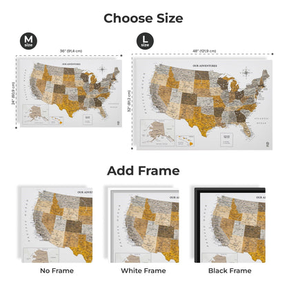 US map with different size options and frame choices on a white background