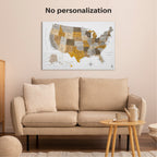 Beige sofa in a living room with a map of the United States on the wall.