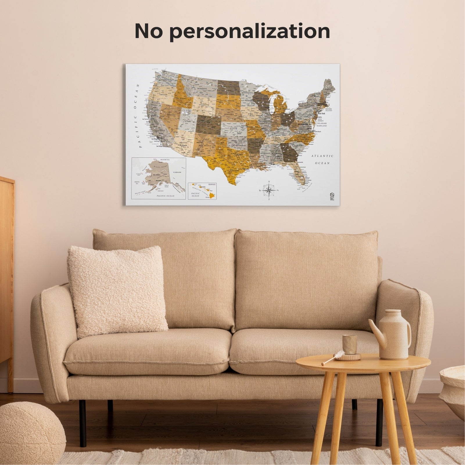 Beige sofa in a living room with a map of the United States on the wall.