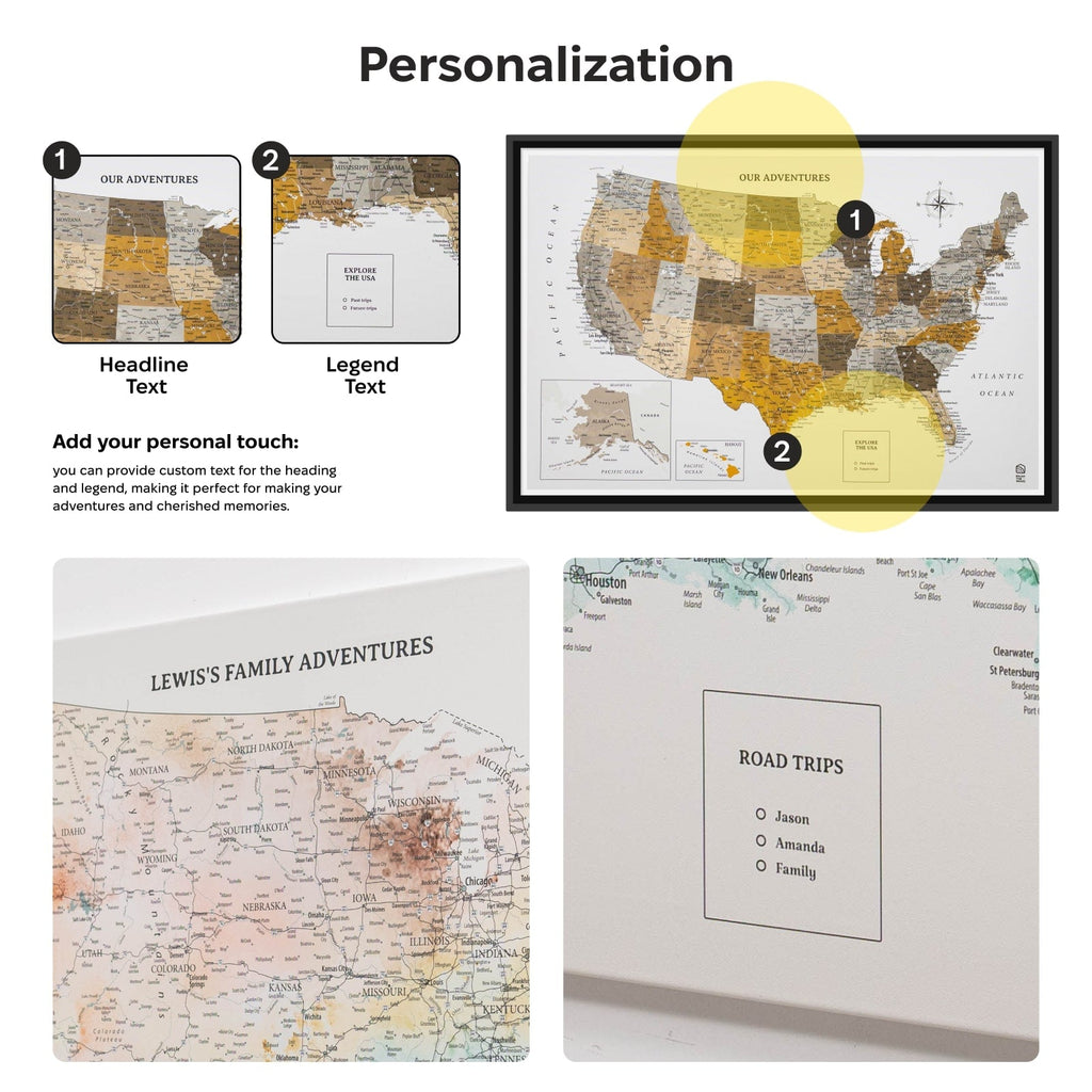Personalizable map with customizable text options on a white background