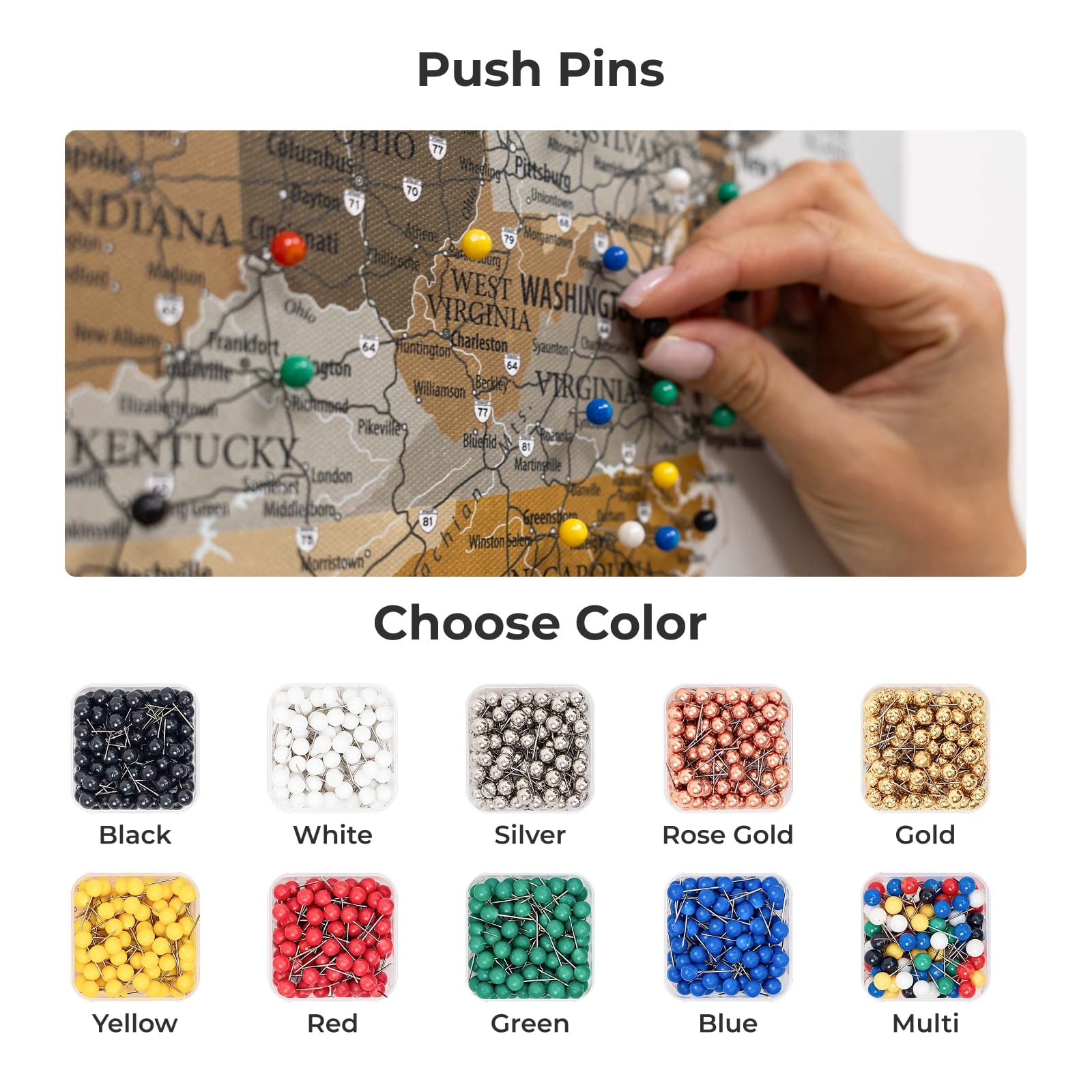 Map with push pins and hand placing a pin, surrounded by color swatches for push pins.