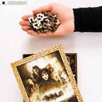 Mosaic art of a person wearing a fur hat and green coat with a pipe.