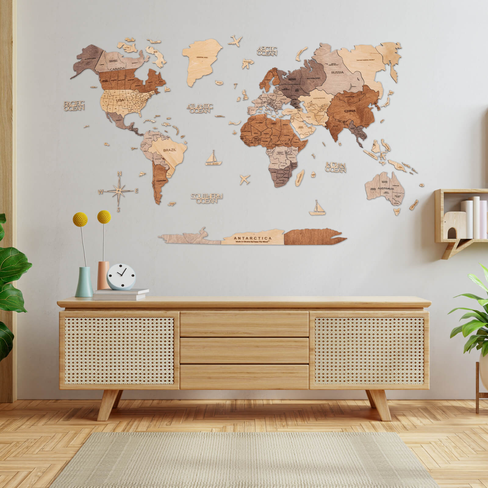 2D Wooden World Map Multicolor