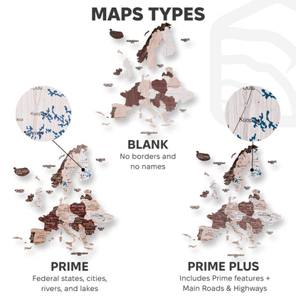 3D Europe Wooden Map Cappuccino