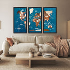 3D Wooden Triptych World Map Multicolor