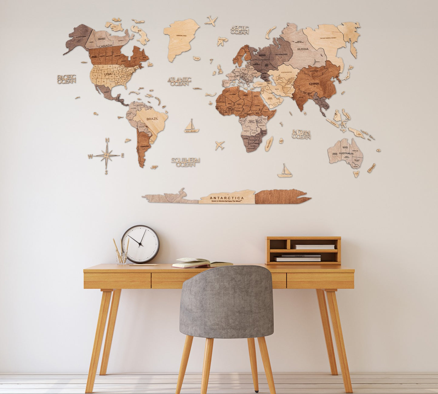 2D Wooden World Map Multicolor