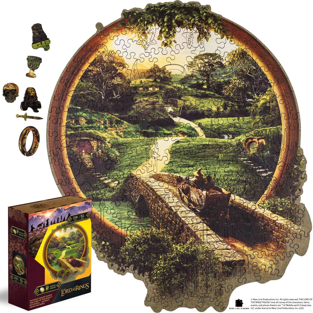 Jigsaw puzzle with a scenic design, partially completed, next to its packaging.
